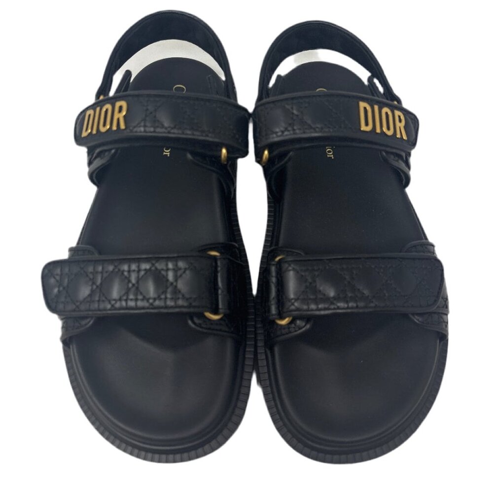 Christian Dior Black Leather Quilted Sandals with Gold DIOR logo Sz-39.5 - Picture 3 of 5